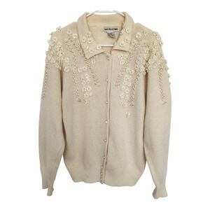 Tian Collections Cream Embellished Angora Wool Blend Cardigan Sweater Grandma